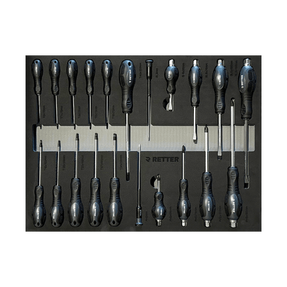 A complete set of professional SL PH and Torx screwdrivers along with precision screwdrivers in an EVA foam tray.