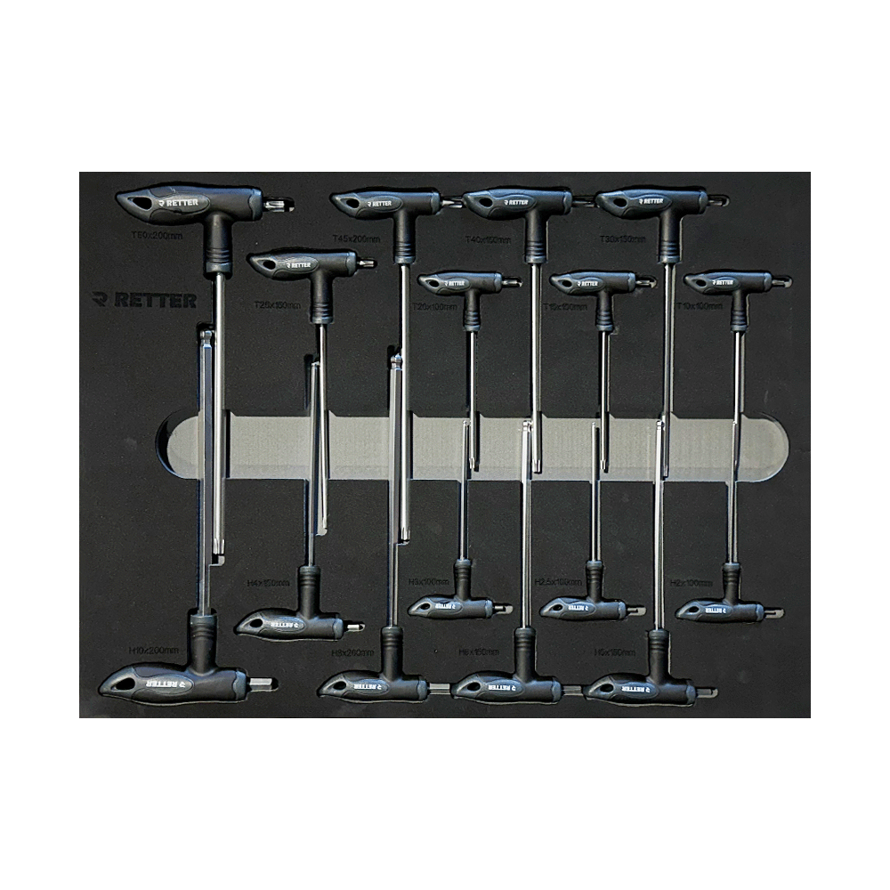 Retter T-handle Torx and HEX keys neatly arranged and size-marked inside a black tool stabilization foam insert.