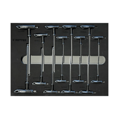 Retter T-handle Torx and HEX keys neatly arranged and size-marked inside a black tool stabilization foam insert.