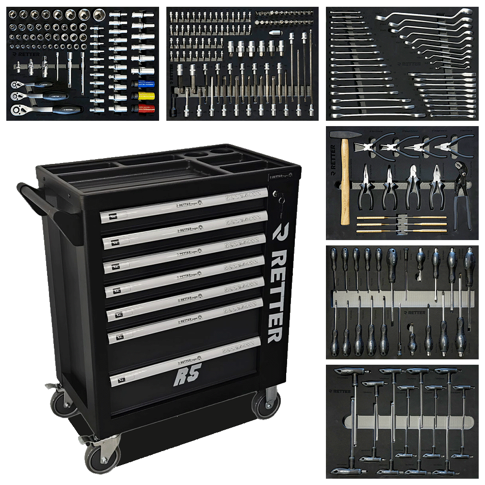 Black Retter R5 Tech Edition workshop tool cabinet with seven drawers shown alongside six EVA foam tool trays containing CR-V socket sets wrenches screwdrivers and pliers.