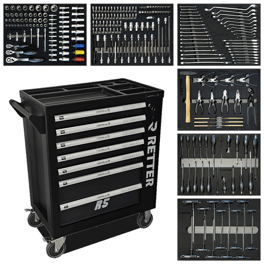 Black Retter R5 Tech Edition workshop tool cabinet with seven drawers shown alongside six EVA foam tool trays containing CR-V socket sets wrenches screwdrivers and pliers.