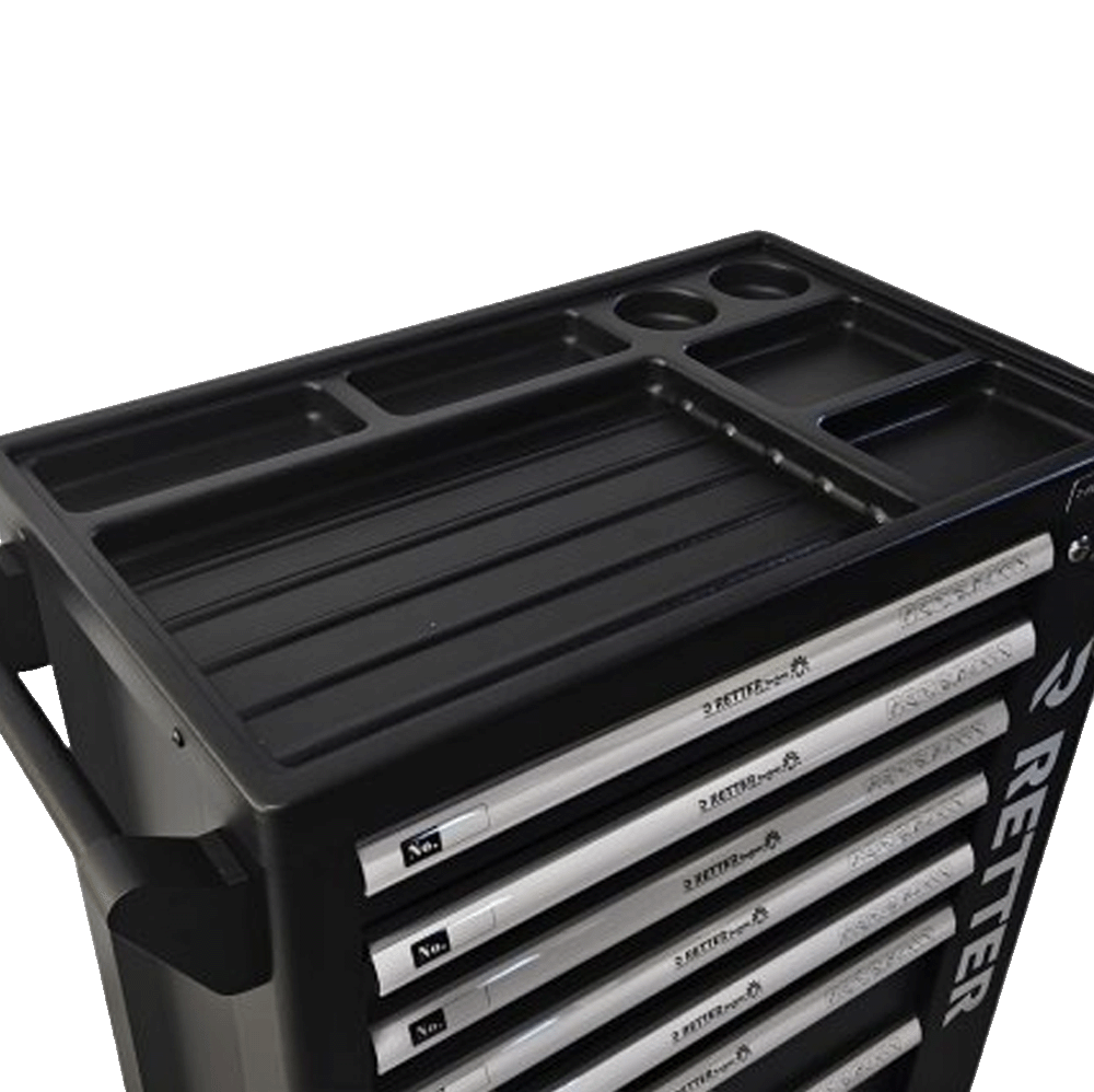 Close up view of the black plastic molded top organizer work surface on the Retter R5 Tech Edition tool cabinet.