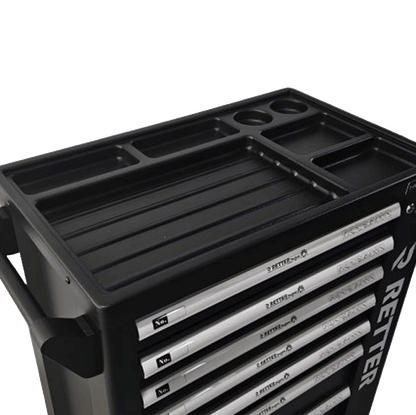 Close up view of the black plastic molded top organizer work surface on the Retter R5 Tech Edition tool cabinet.