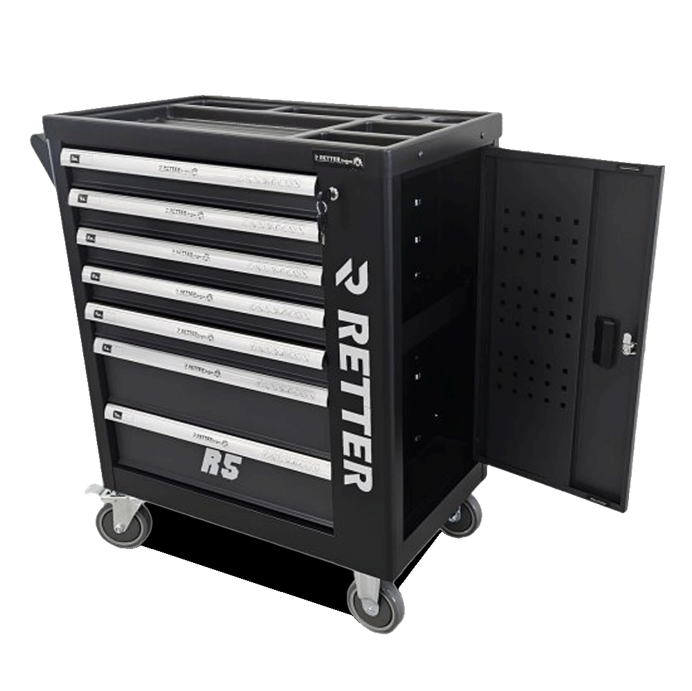 Retter R5 workshop cabinet with the lockable side door open revealing internal shelves and a perforated tool board.