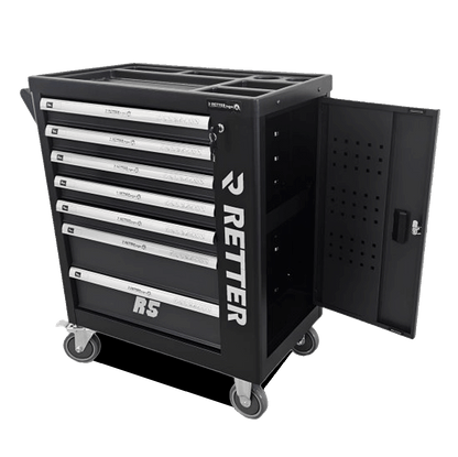 Retter R5 workshop cabinet with the lockable side door open revealing internal shelves and a perforated tool board.