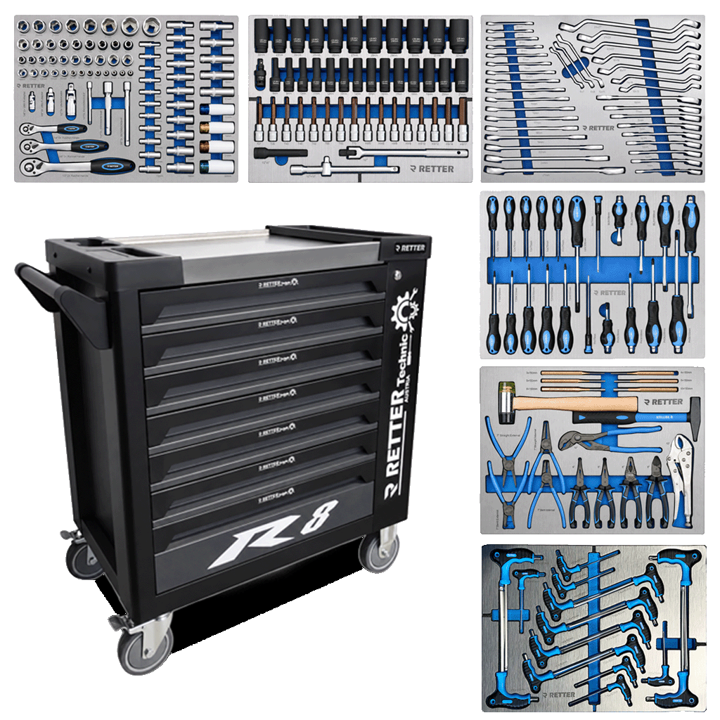 Retter R8 Carbon Edition tool cabinet in matte anthracite shown with six tool-filled hard foam inserts containing CR-V sockets, screwdrivers, wrenches, and pliers.