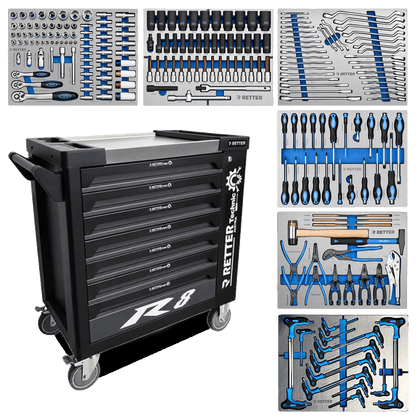 Retter R8 Carbon Edition tool cabinet in matte anthracite shown with six tool-filled hard foam inserts containing CR-V sockets, screwdrivers, wrenches, and pliers.