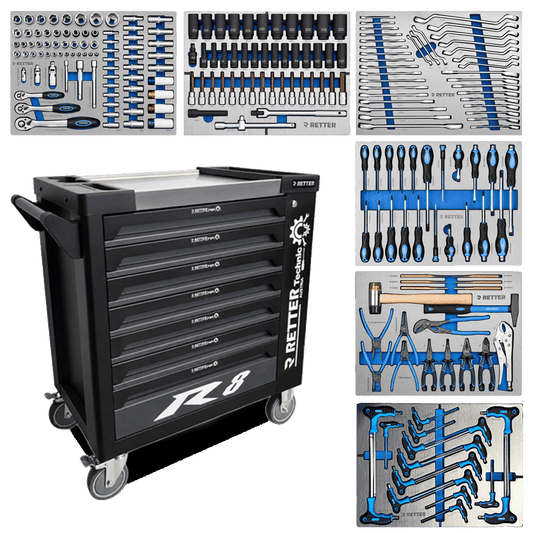 Retter R8 Carbon Edition tool cabinet in matte anthracite shown with six tool-filled hard foam inserts containing CR-V sockets, screwdrivers, wrenches, and pliers.
