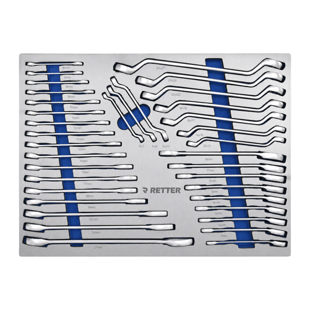 Hard foam drawer insert with Retter combination wrenches, ratchet wrenches, and deep-offset ring wrenches neatly organized.