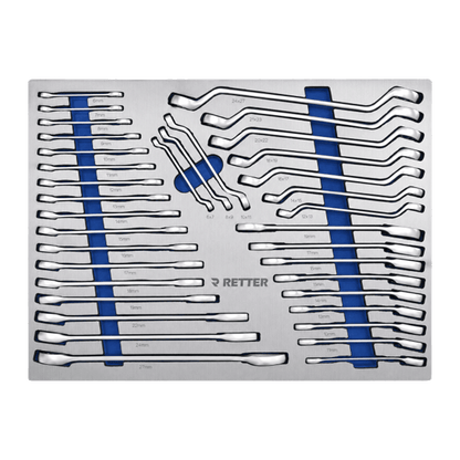Hard foam drawer insert with Retter combination wrenches, ratchet wrenches, and deep-offset ring wrenches neatly organized.