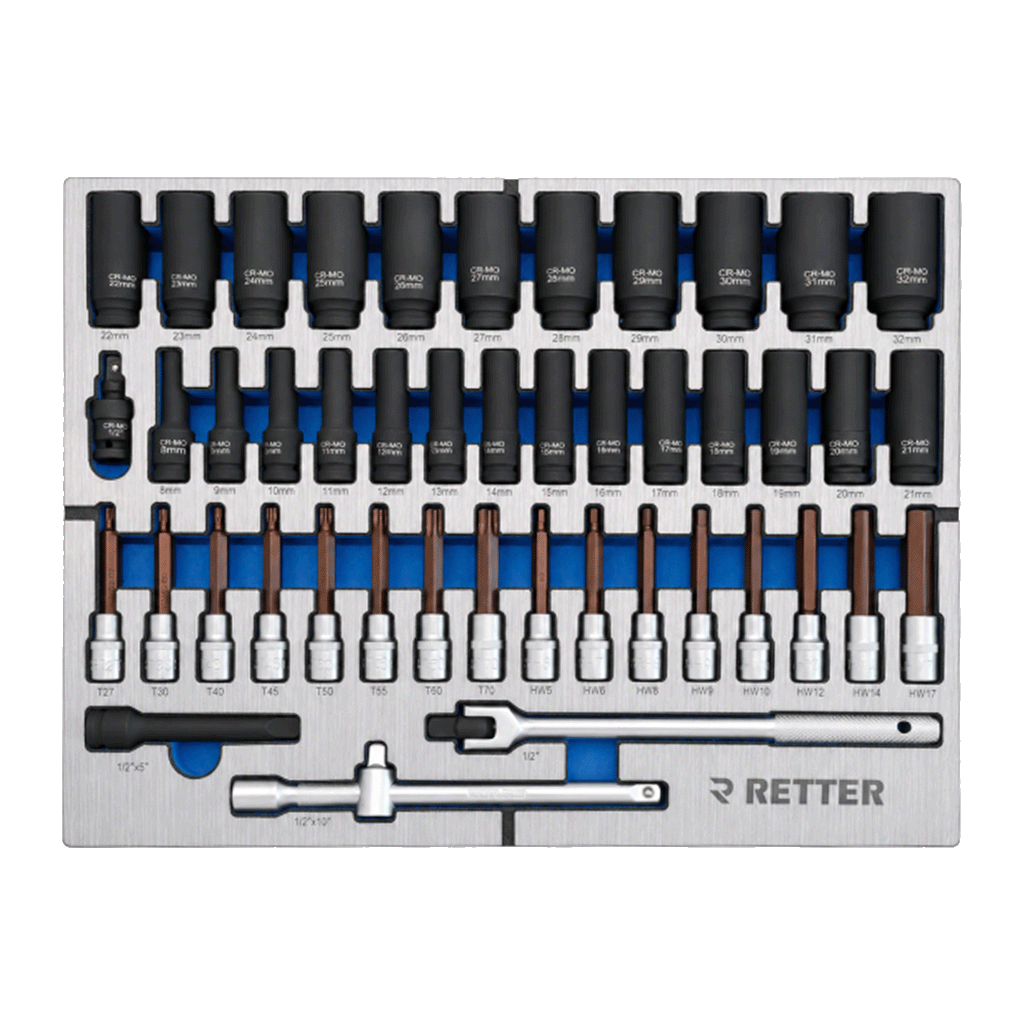 Professional 1/2 inch CR-Mo deep impact sockets, HEX, and Torx impact bit-sockets in a Retter tool drawer.