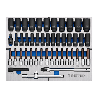 Professional 1/2 inch CR-Mo deep impact sockets, HEX, and Torx impact bit-sockets in a Retter tool drawer.