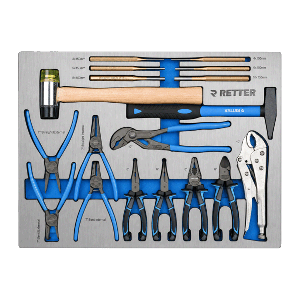 Workshop drawer with Retter combination pliers, side cutters, locking pliers, circlip pliers set, and a mechanic's hammer.