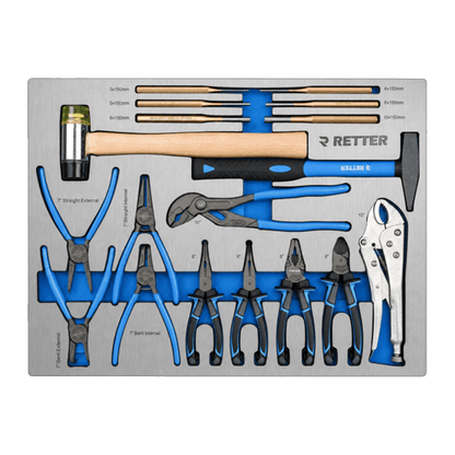 Workshop drawer with Retter combination pliers, side cutters, locking pliers, circlip pliers set, and a mechanic's hammer.