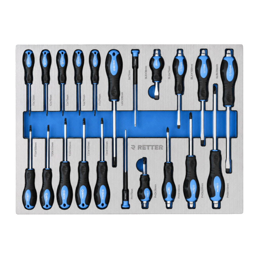 Set of Retter Soft-Grip PH and SL screwdrivers with external hex shanks inside a gray and blue foam tray.