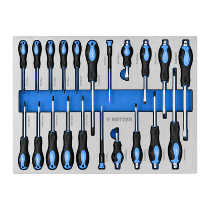 Set of Retter Soft-Grip PH and SL screwdrivers with external hex shanks inside a gray and blue foam tray.
