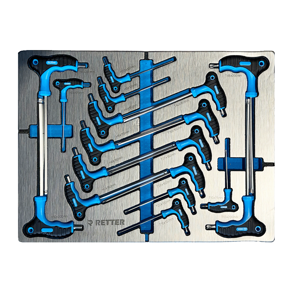 Retter T-handle Torx and HEX keys arranged in a dual-color hard foam tool stabilization insert.