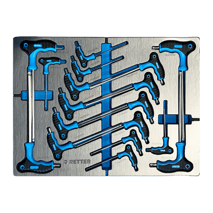Retter T-handle Torx and HEX keys arranged in a dual-color hard foam tool stabilization insert.