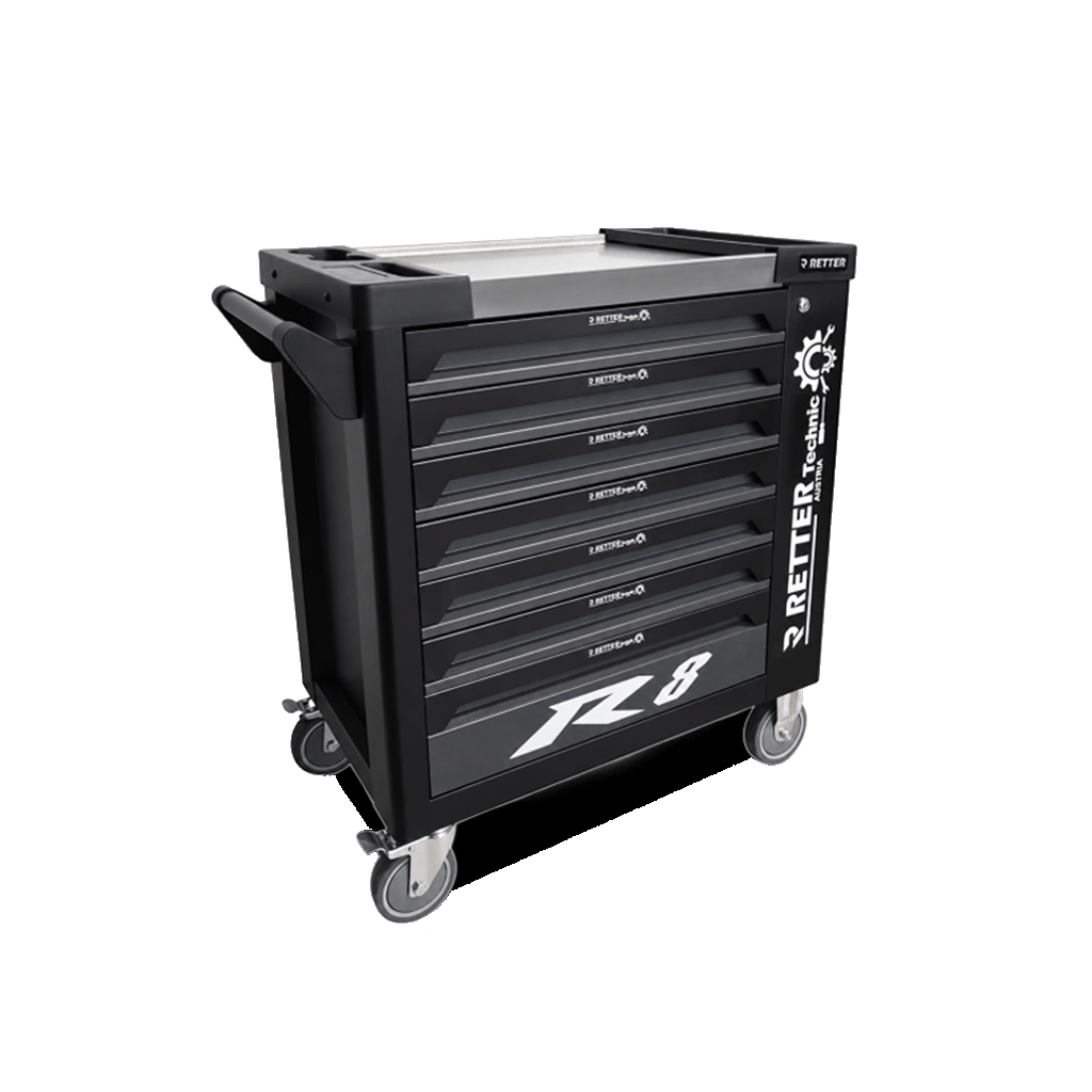 Side view of the Retter R8 Technic tool cabinet with open ball-bearing drawers and a side storage compartment with a lock.