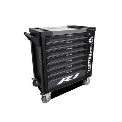 Side view of the Retter R8 Technic tool cabinet with open ball-bearing drawers and a side storage compartment with a lock.