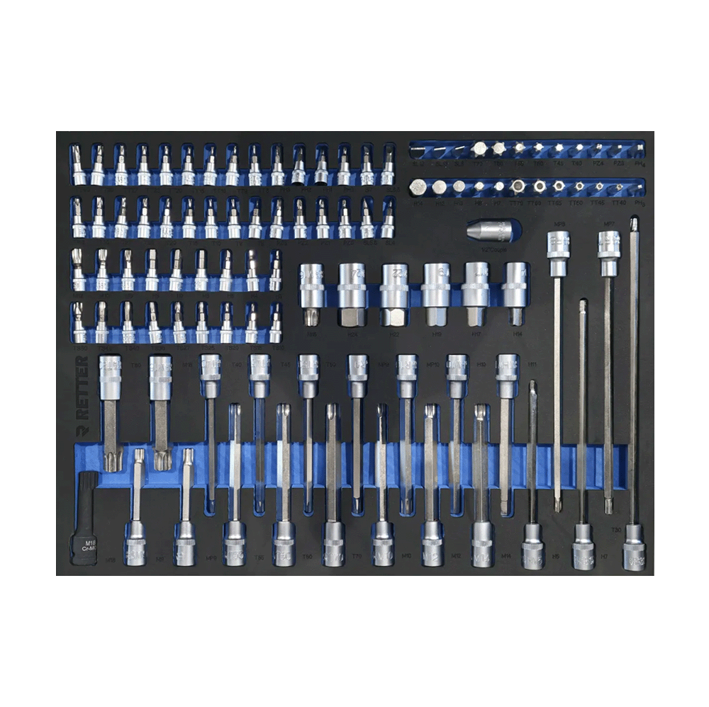 Retter RS7 tool cabinet tray insert completely filled with a large collection of one hundred and two bit-sockets.