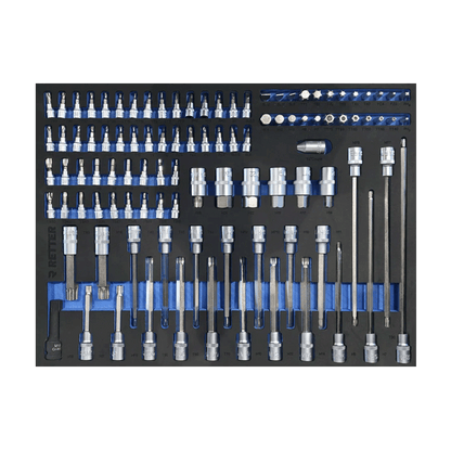 Retter RS7 tool cabinet tray insert completely filled with a large collection of one hundred and two bit-sockets.