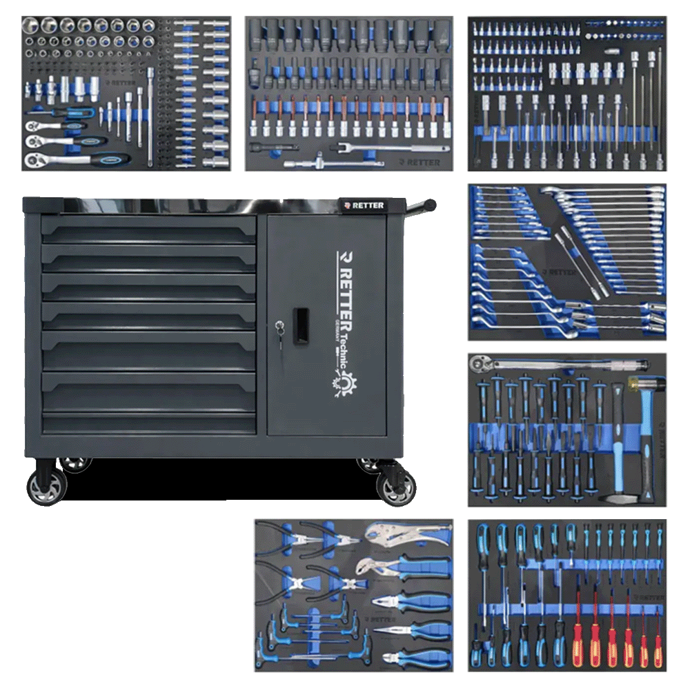 Retter RS7 tool cabinet in anthracite RAL 7016 surrounded by seven tool-filled EVA foam trays.