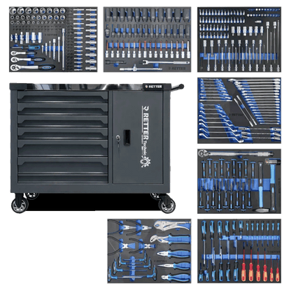 Retter RS7 tool cabinet in anthracite RAL 7016 surrounded by seven tool-filled EVA foam trays.