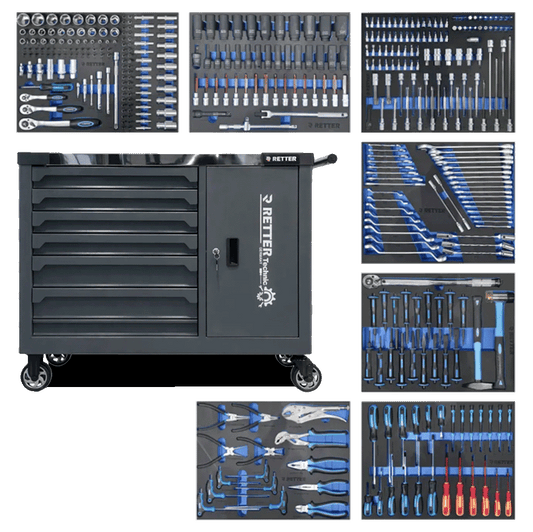 Retter RS7 tool cabinet in anthracite RAL 7016 surrounded by seven tool-filled EVA foam trays.