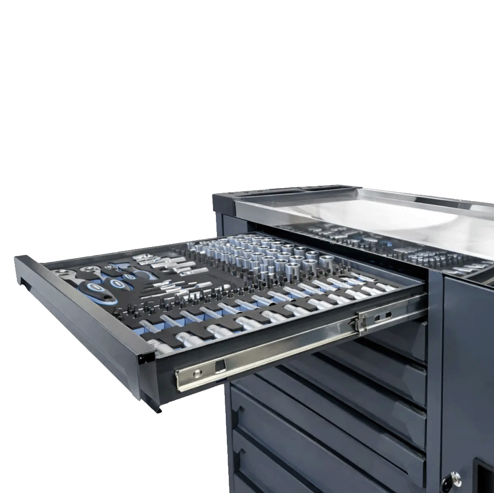 Retter RS7 tool cabinet with a fully extended ball-bearing drawer showing multiple rows of organized metric sockets.