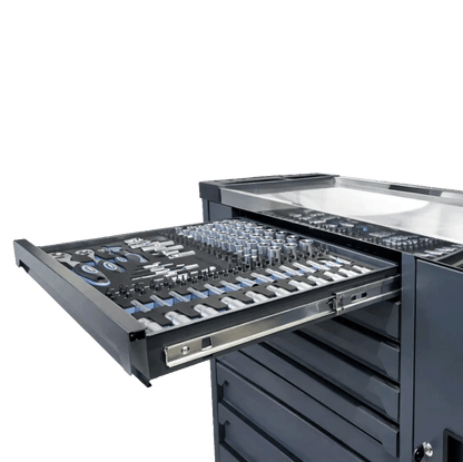 Retter RS7 tool cabinet with a fully extended ball-bearing drawer showing multiple rows of organized metric sockets.