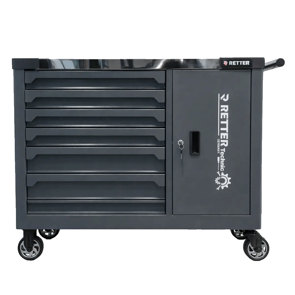 Retter RS7 tool cabinet straight front view with all seven drawers and the side locker door closed and locked.