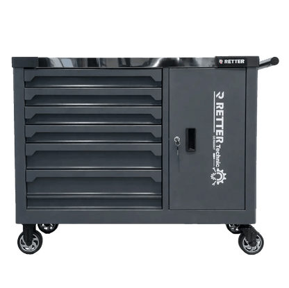 Retter RS7 tool cabinet straight front view with all seven drawers and the side locker door closed and locked.