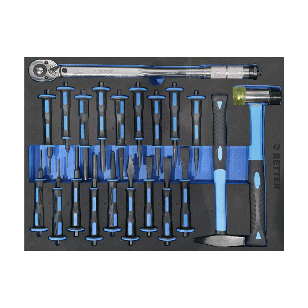 Retter RS7 tool cabinet tray insert carrying two mechanic's hammers alongside various center punches and chisels.