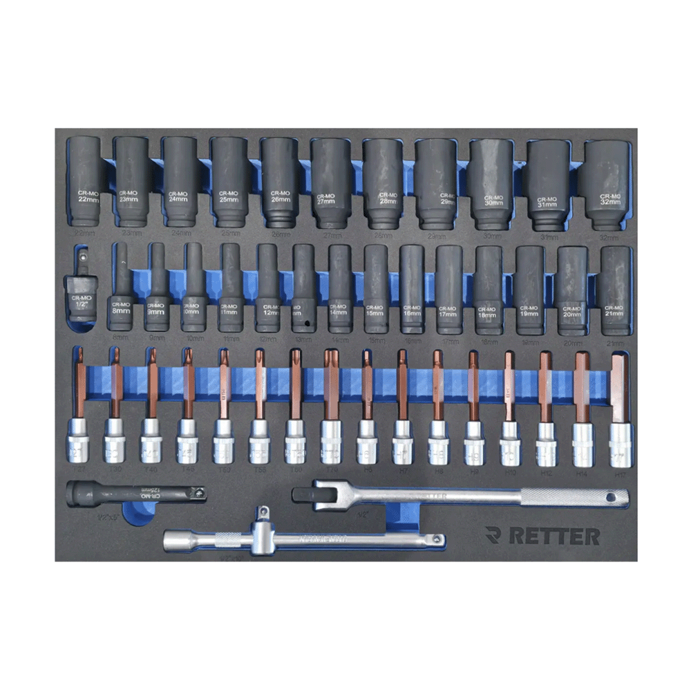 Retter RS7 tool cabinet tray insert loaded with deep black 1/2" CR-Mo impact sockets, bit-sockets, and drive bars.