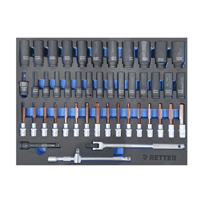 Retter RS7 tool cabinet tray insert loaded with deep black 1/2" CR-Mo impact sockets, bit-sockets, and drive bars.