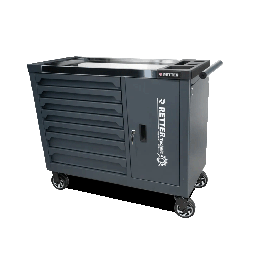 Retter RS7 tool cabinet showcasing a mirror-polished stainless steel INOX worktop and side compartment.