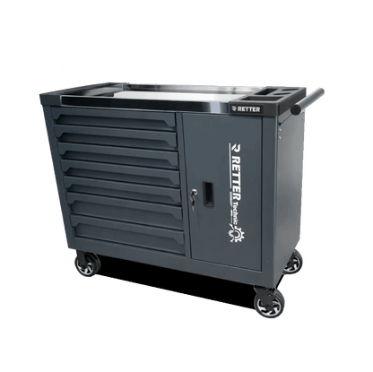 Retter RS7 tool cabinet showcasing a mirror-polished stainless steel INOX worktop and side compartment.