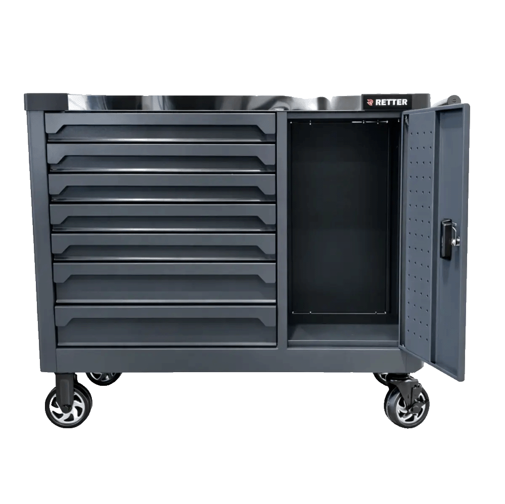 Retter RS7 tool cabinet straight front view with the side locker door open, showing the empty internal storage and pegboard door.