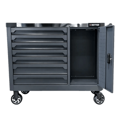Retter RS7 tool cabinet straight front view with the side locker door open, showing the empty internal storage and pegboard door.