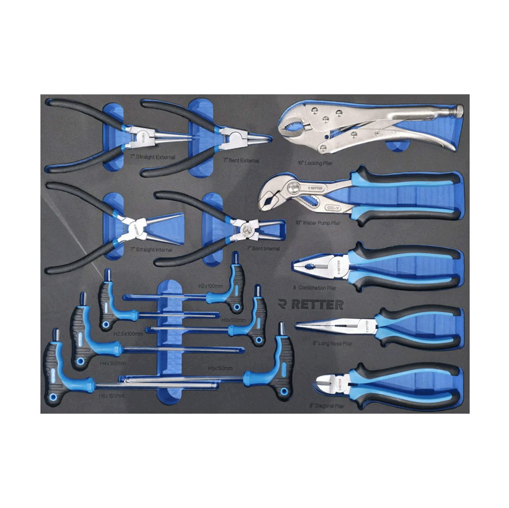 Retter RS7 tool cabinet tray insert filled with circlip pliers, wire cutters, locking grips, and T-handle HEX keys.