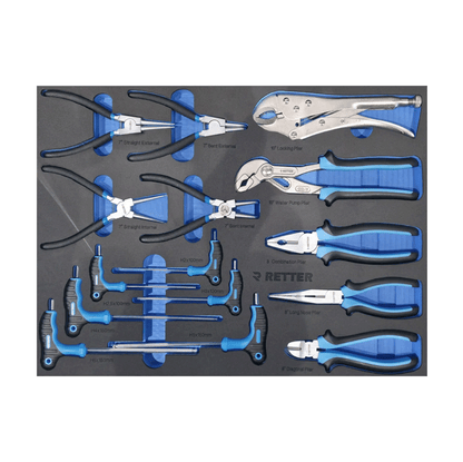 Retter RS7 tool cabinet tray insert filled with circlip pliers, wire cutters, locking grips, and T-handle HEX keys.