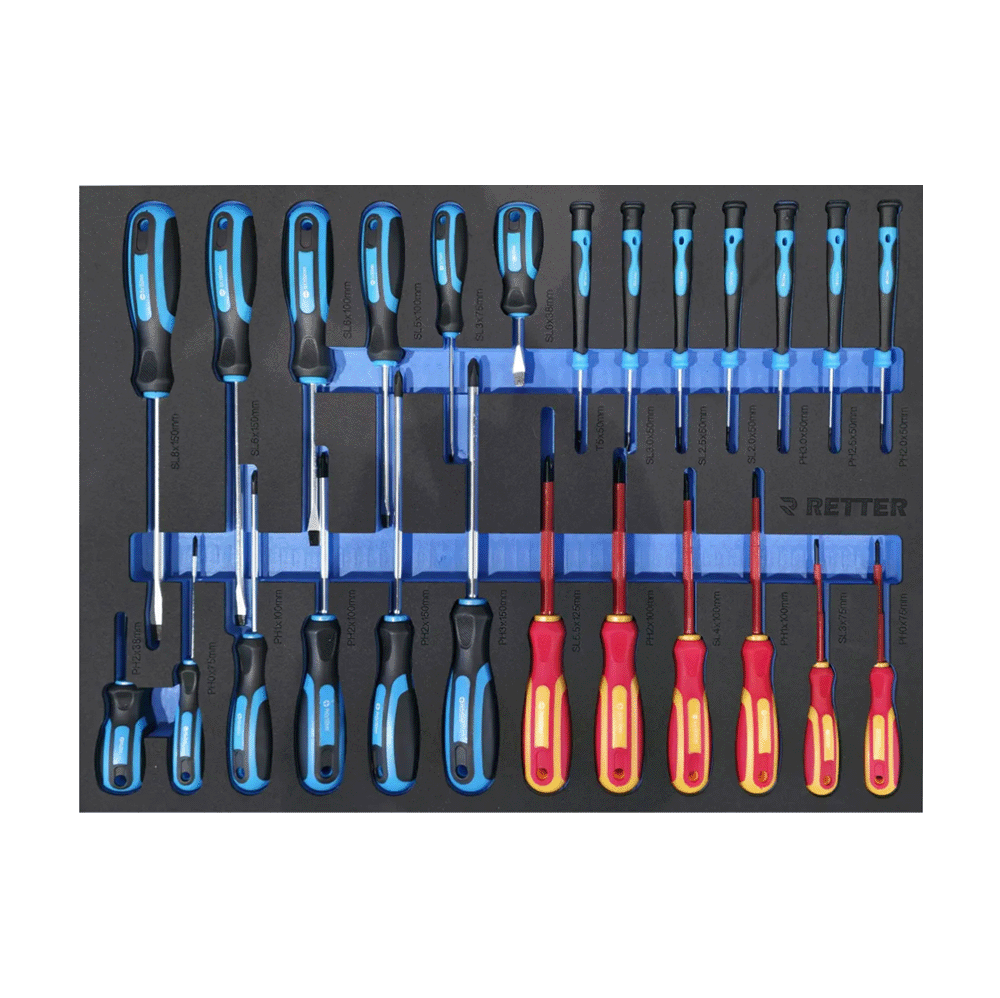 Retter RS7 tool cabinet tray insert fully packed with flat, Phillips, precision, and red insulated VDE screwdrivers.