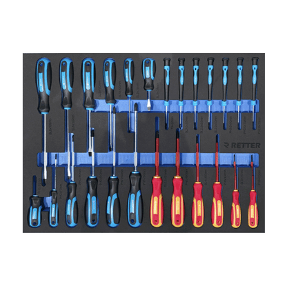 Retter RS7 tool cabinet tray insert fully packed with flat, Phillips, precision, and red insulated VDE screwdrivers.