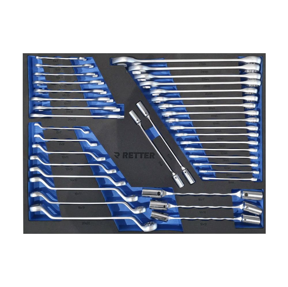 Retter RS7 tool cabinet tray insert with rows of combination wrenches, offset wrenches, and double-end wrenches.