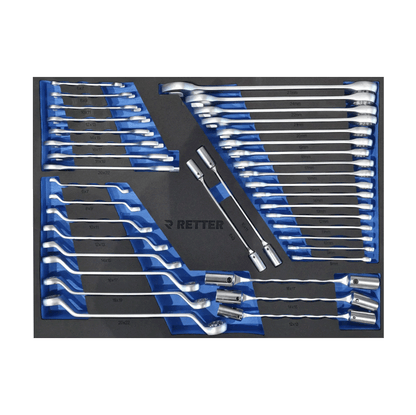 Retter RS7 tool cabinet tray insert with rows of combination wrenches, offset wrenches, and double-end wrenches.