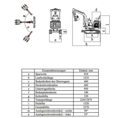NEU Rhinoceros KS10-8 Diesel Mini-Bagger - 10 PS, 1 Zylinder Motor inkl. Schaufelpaket - 200 mm, 380 mm, Schnellwechsler, Hydraulischen Daumen Greifer