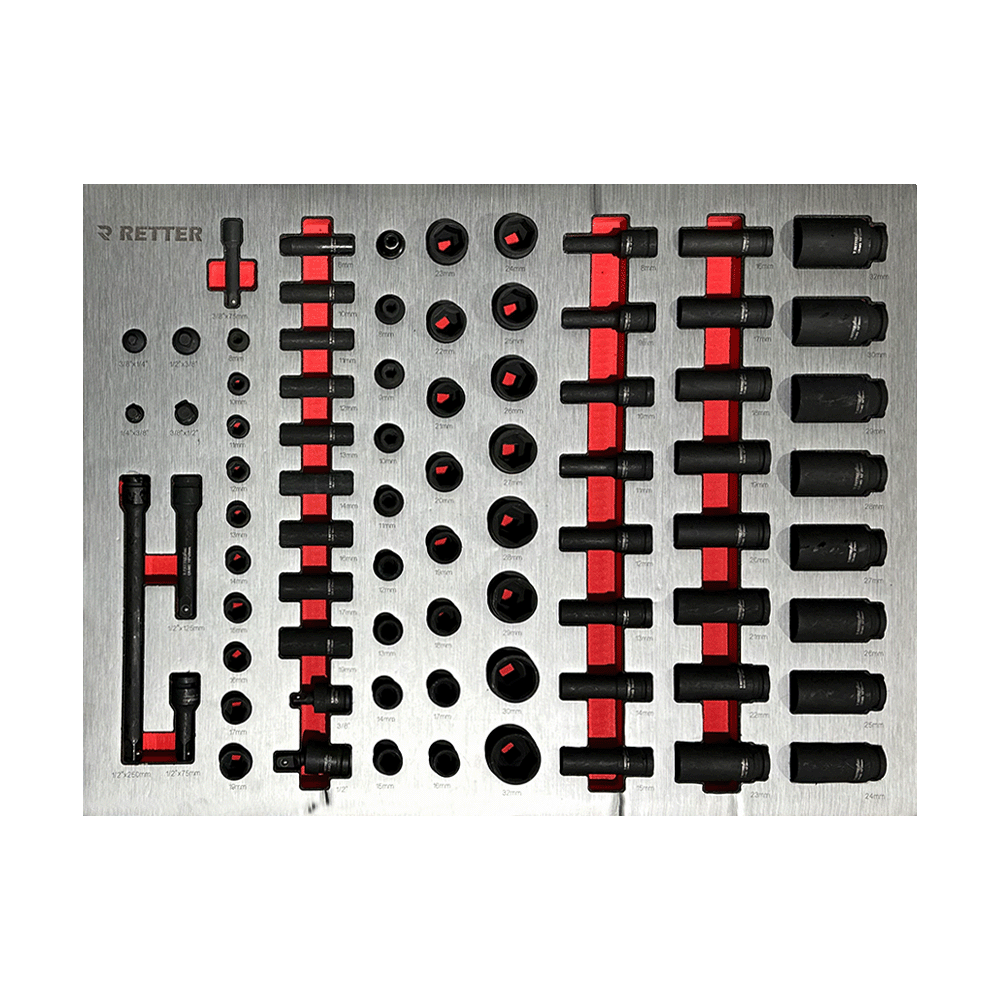 Retter R13 PRO black CR-Mo impact sockets in various sizes laid out in foam organiser