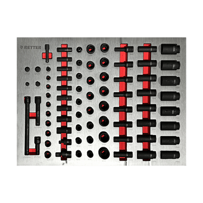 Retter R13 PRO black CR-Mo impact sockets in various sizes laid out in foam organiser