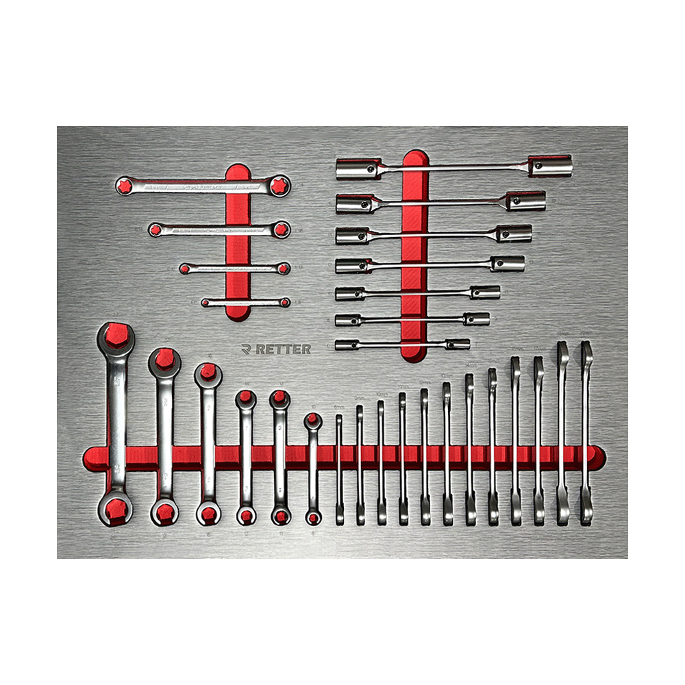 Retter R13 PRO drawer with combination wrenches and brake line wrenches in foam insert